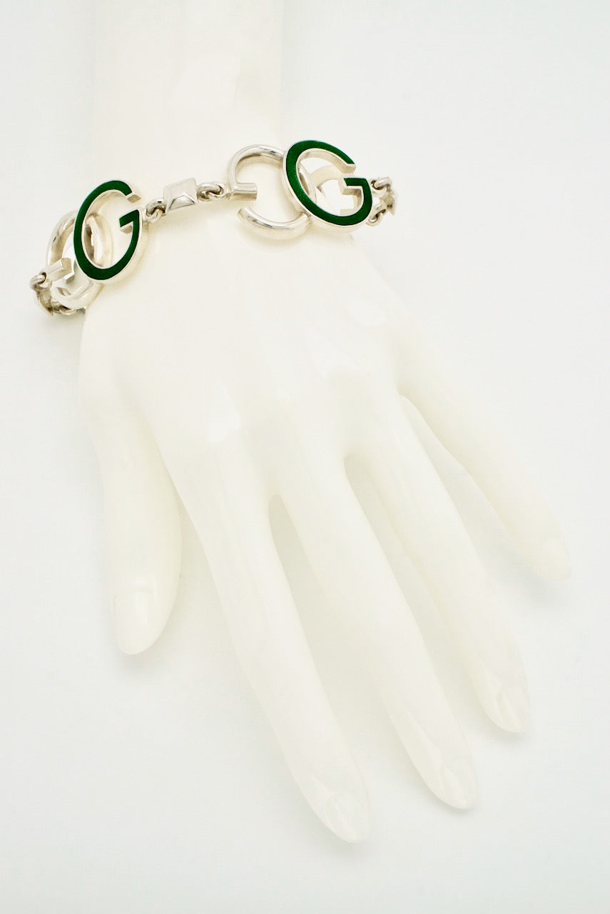Vintage Gucci Sterling Silver Green Enamel G motif Bracelet 1970s