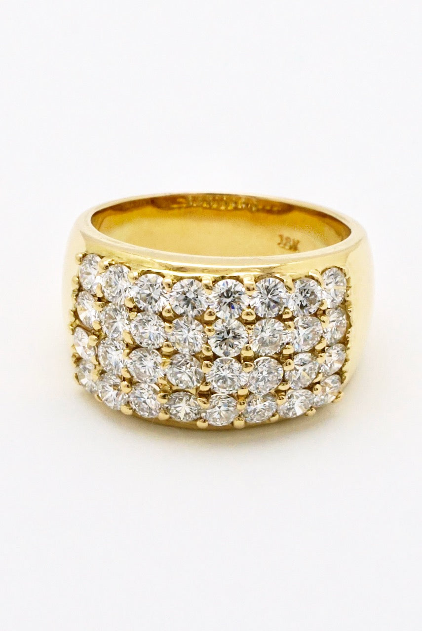 Vintage 18k Yellow Gold 4 Row Diamond Band Ring 1980s