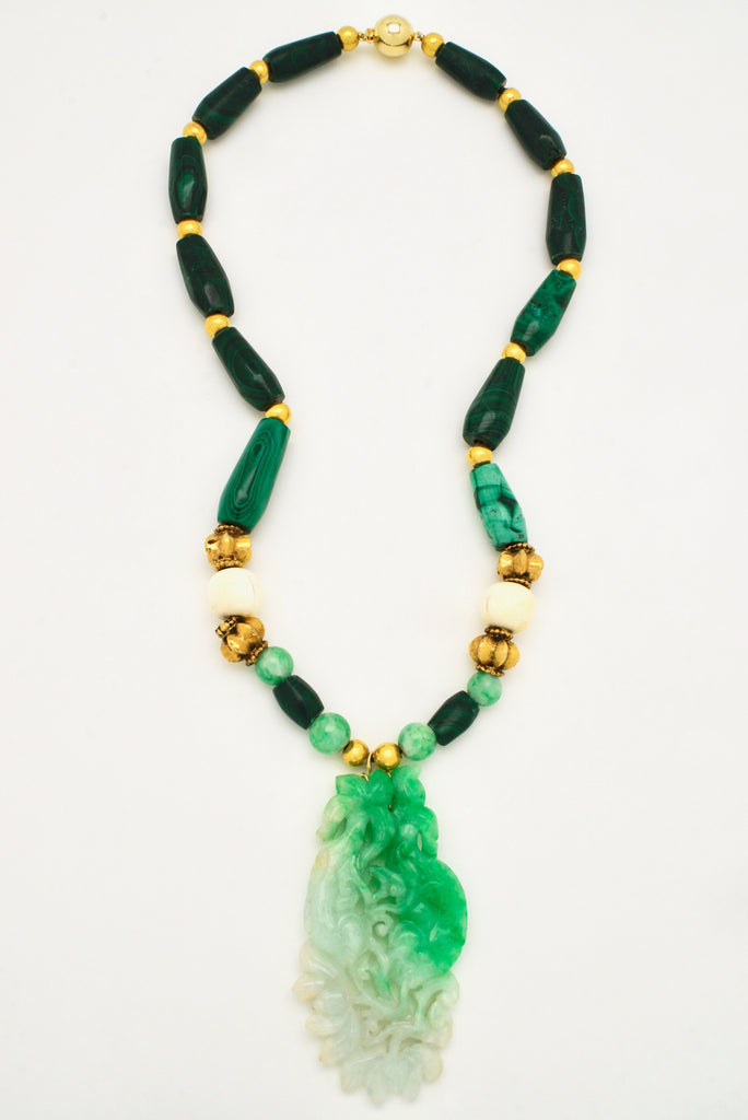 Vintage Jade Pendant With Malachite Gold Bead Necklace