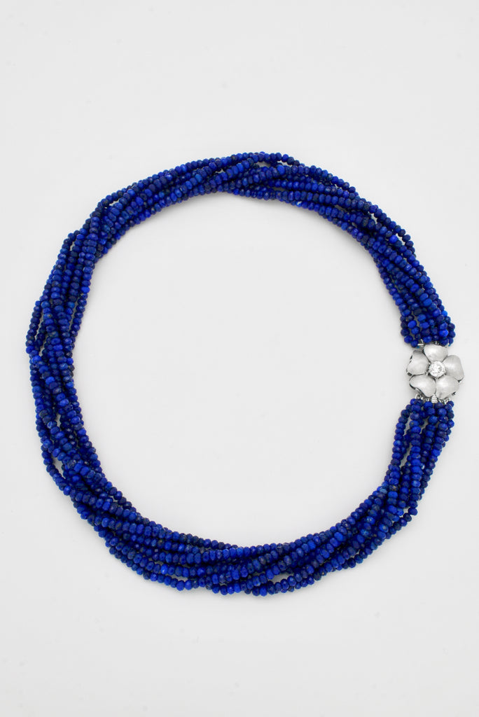 Vintage 9k White Gold Diamond Set Clasp Lapis Bead Collier Necklace