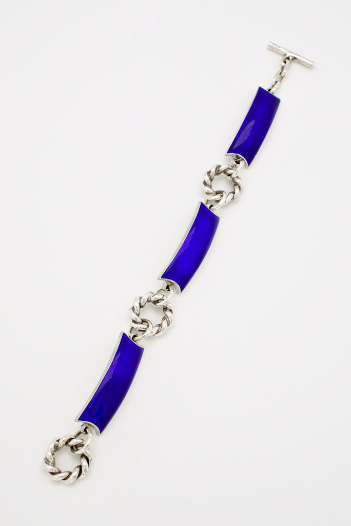 Vintage Gucci Sterling Silver Blue Enamel Panel Bracelet 1960s Italy