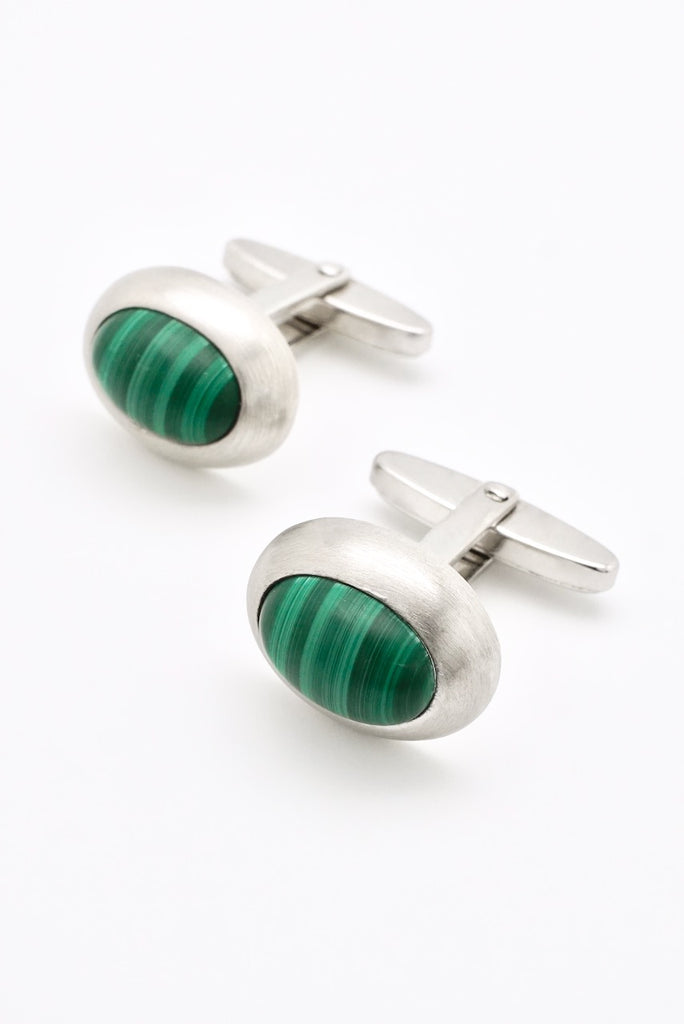 Vintage Solid Silver Oval Malachite Cufflinks 1970s