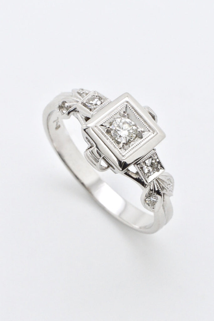 Vintage 18k White Gold Diamond Square Set Ring 1950s