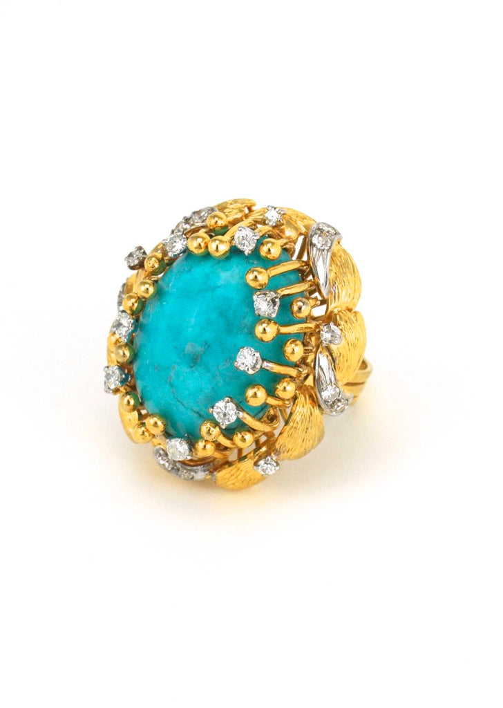 14k gold turquoise and diamond organic cluster ring 1970s