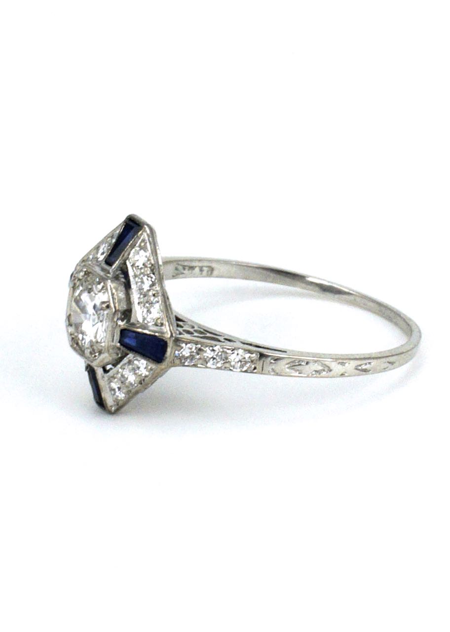 Antique Art Deco Platinum Diamond and Sapphire Ring