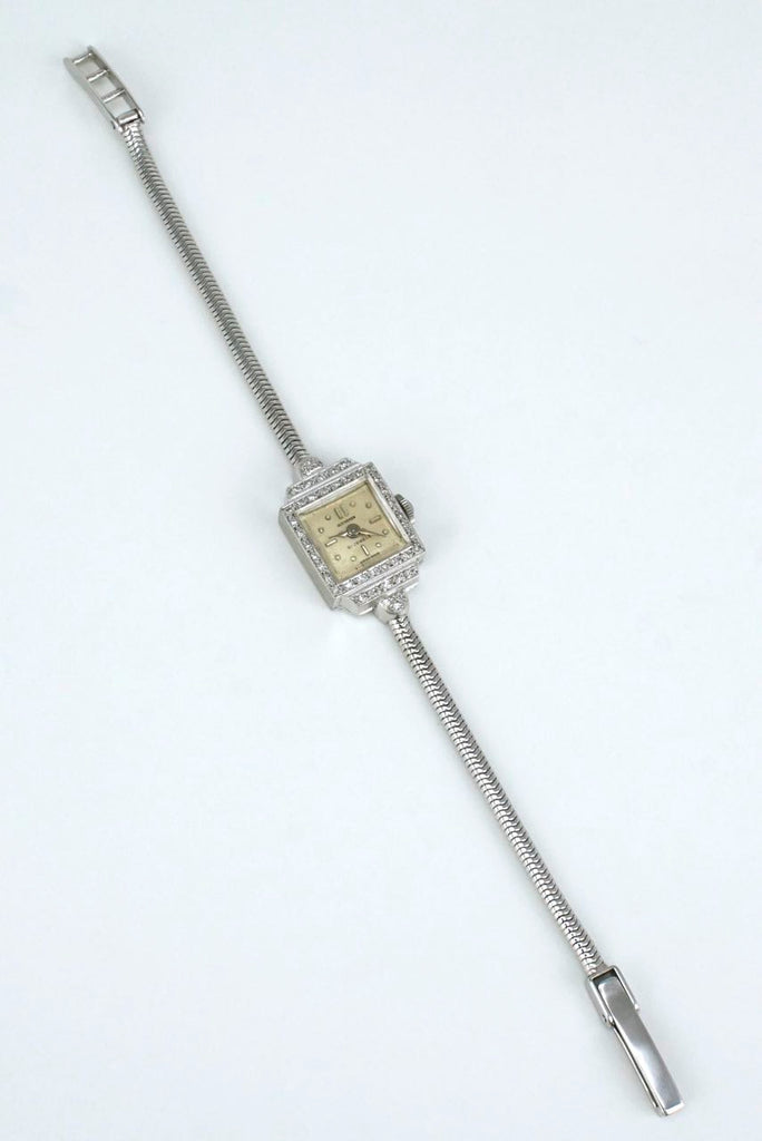 Art Deco Swiss 18k white gold diamond ladies wristwatch