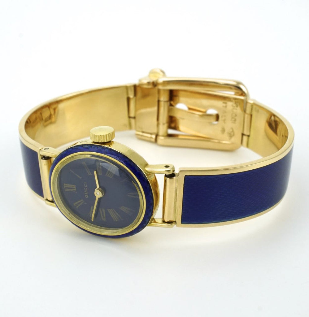 Gucci 18k yellow gold and blue enamel belt buckle bracelet watch