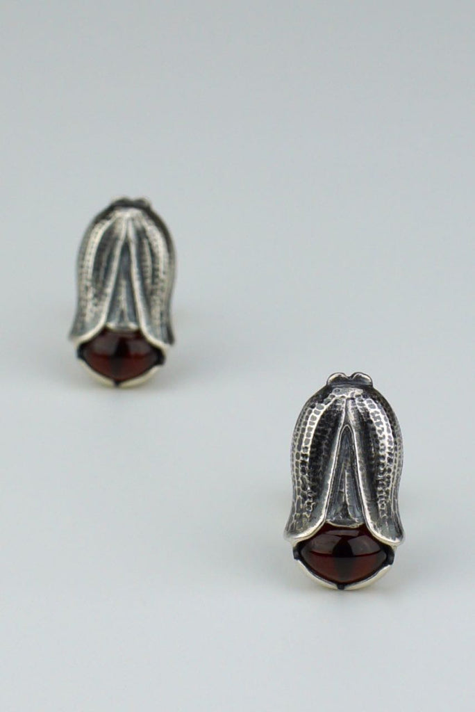 Vintage Georg Jensen Silver Garnet Flower Clip Earrings - Year 2007