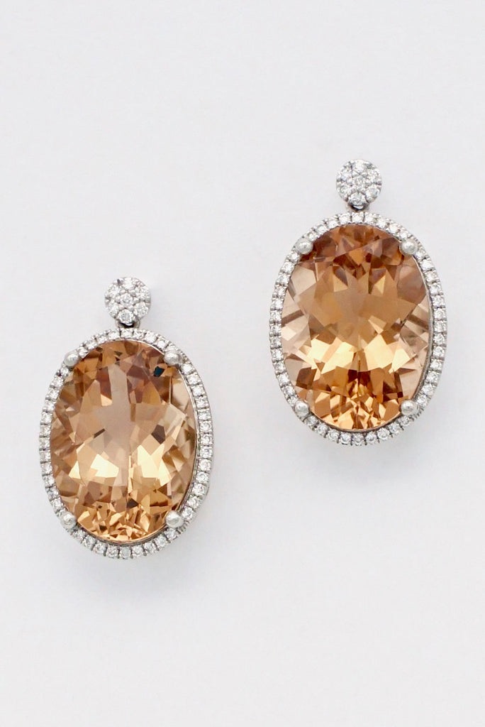 Vintage 18k White Gold Oval Peach Morganite Diamond Drop Earrings