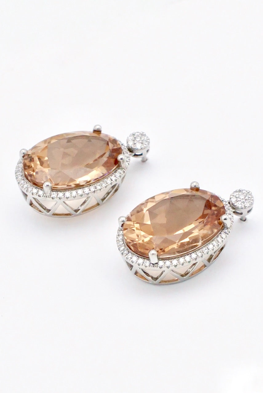 Vintage 18k White Gold Oval Peach Morganite Diamond Drop Earrings