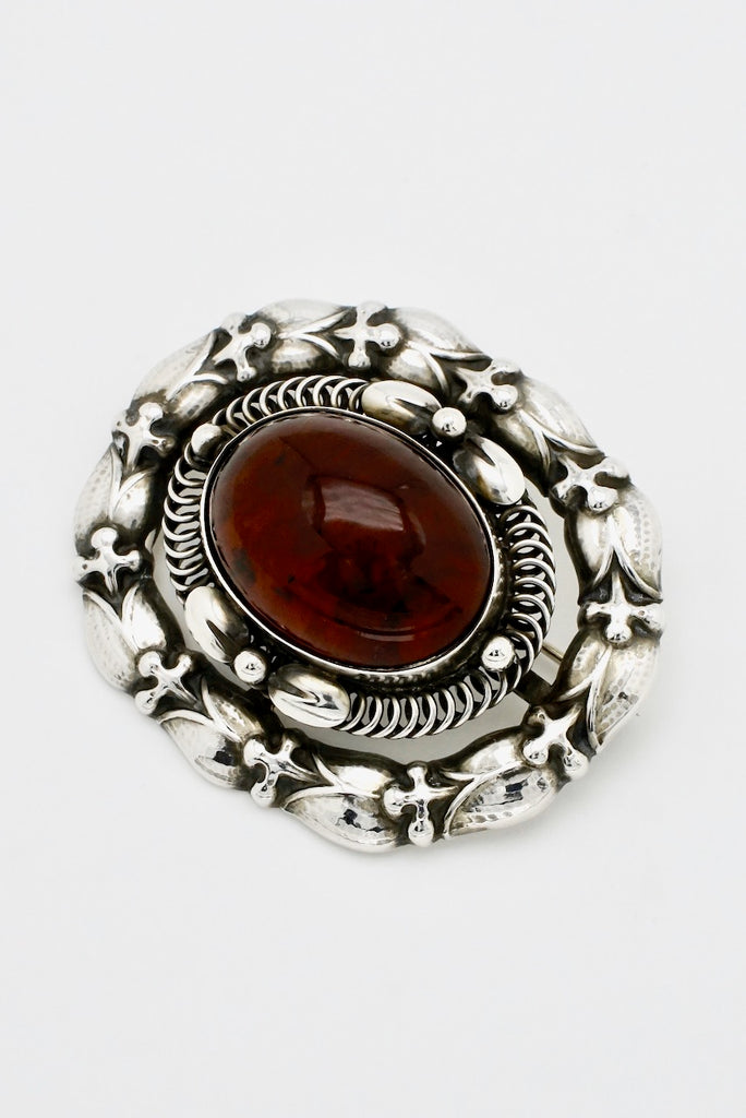 Vintage Georg Jensen Sterling Silver Cabochon Amber Brooch - design 109