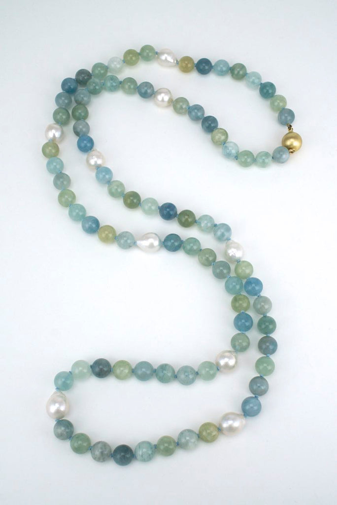 Pearl and Aquamarine Long Bead Necklace