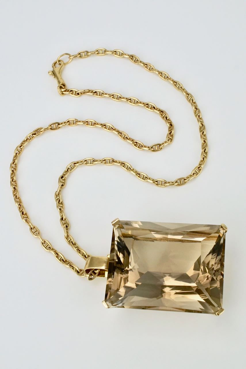 Vintage 18k Retro Yellow Gold Citrine Pendant Chain Necklace 1980s