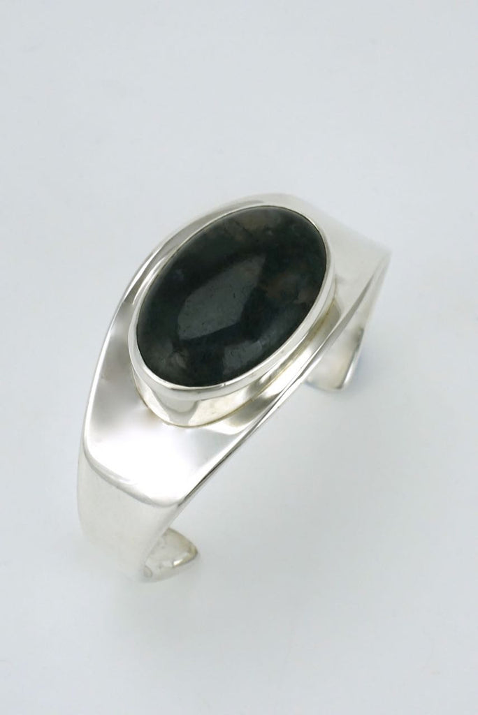 Vintage Bent Knudsen Silver Moss Agate Cabochon Cuff - Design 19