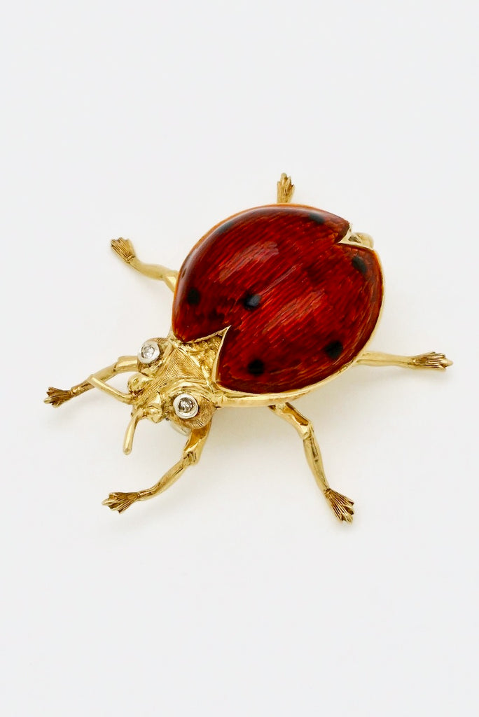 Vintage 18k Yellow Gold Diamond Enamel Lady Bird Brooch 1960s