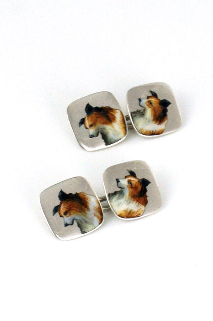 Antique Solid silver double fronted Collie dog enamel cufflinks