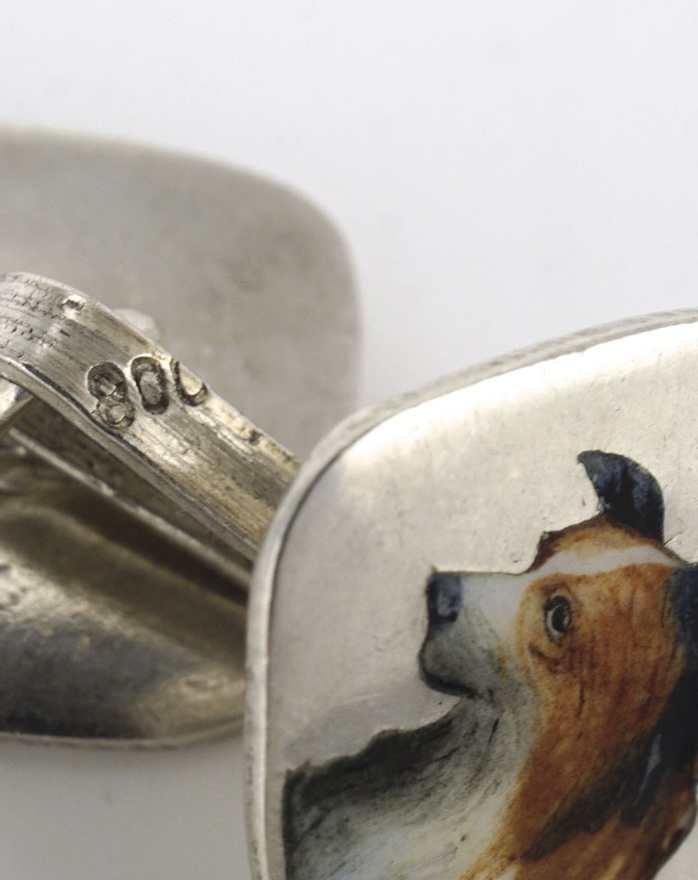 Antique Solid silver double fronted Collie dog enamel cufflinks