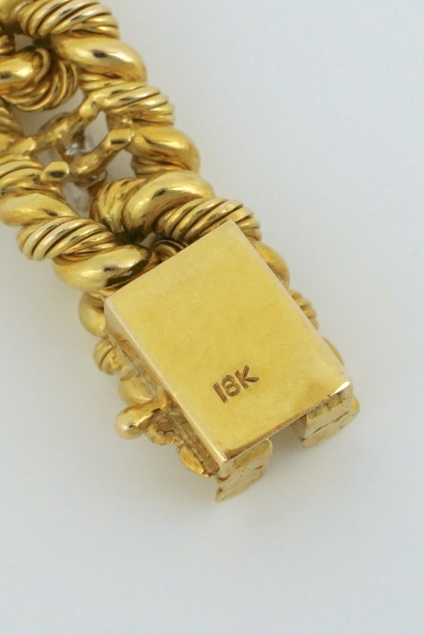 Vintage Heavy Retro 18k Yellow Gold Diamond Rope Link Bracelet 1960s