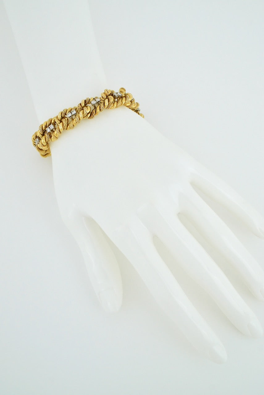 Vintage Heavy Retro 18k Yellow Gold Diamond Rope Link Bracelet 1960s