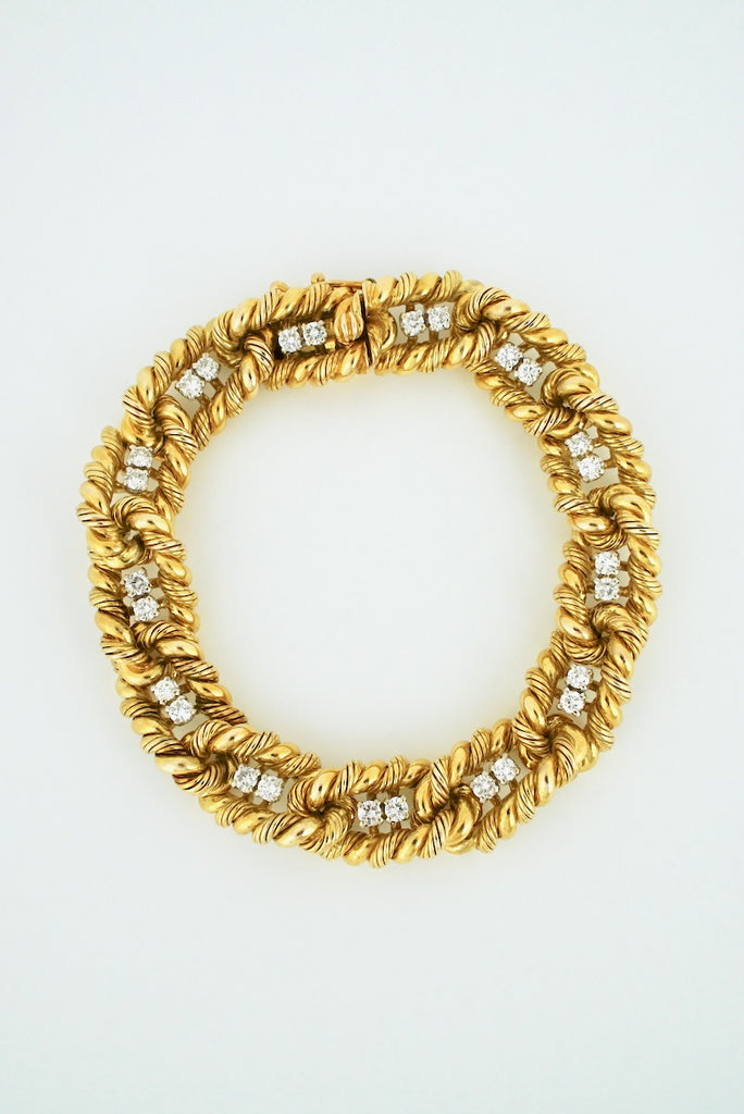 Vintage Heavy Retro 18k Yellow Gold Diamond Rope Link Bracelet 1960s