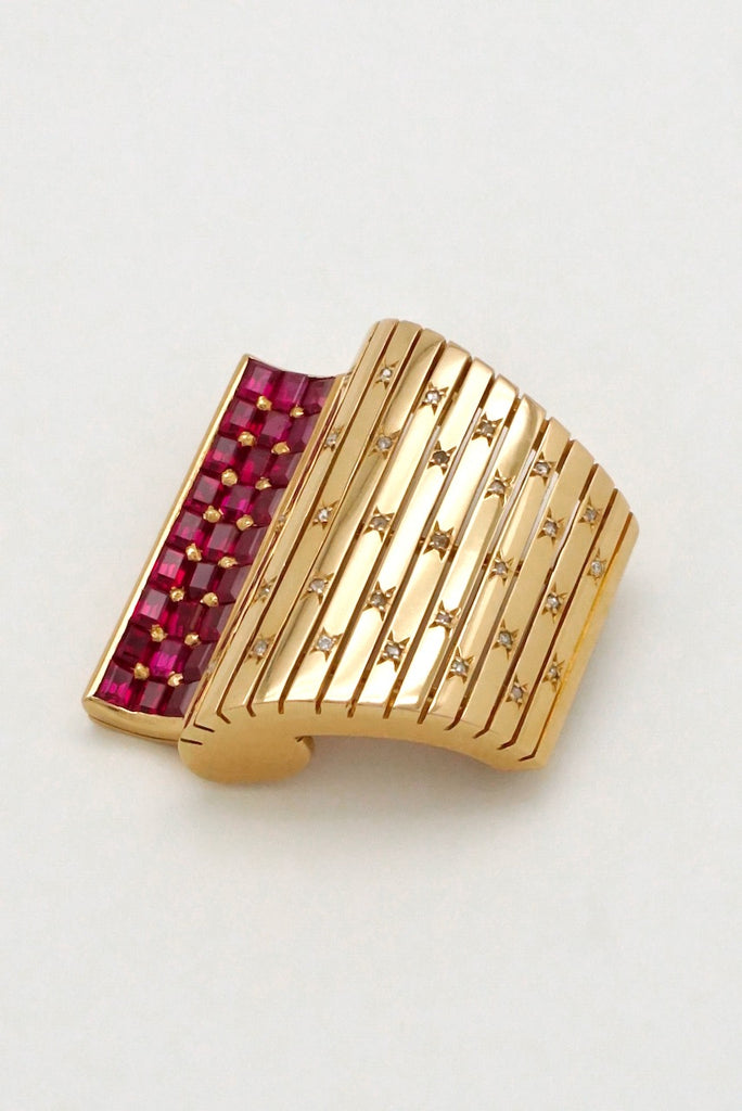 Retro 18k Yellow Gold Ruby and Diamond Brooch - 1940s