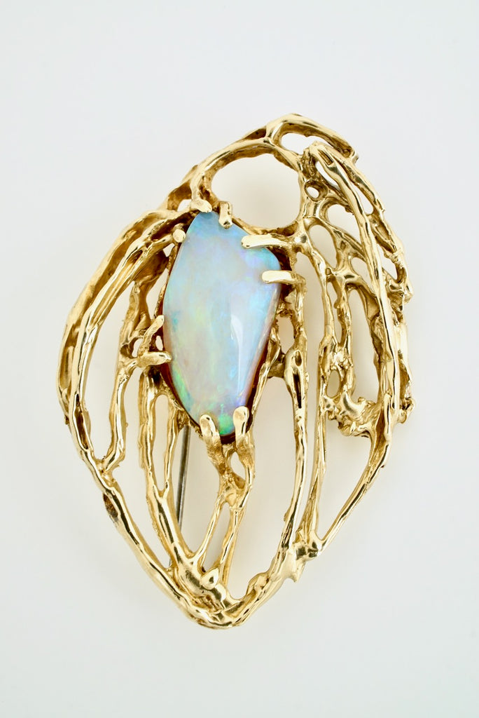 Vintage 9k Yellow Gold Freeform Andamooka Crystal Opal Brooch - Marilyn Verstraeten