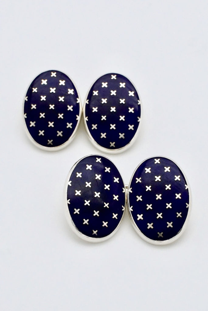 Vintage Sterling Silver Oval Blue Enamel Cufflinks