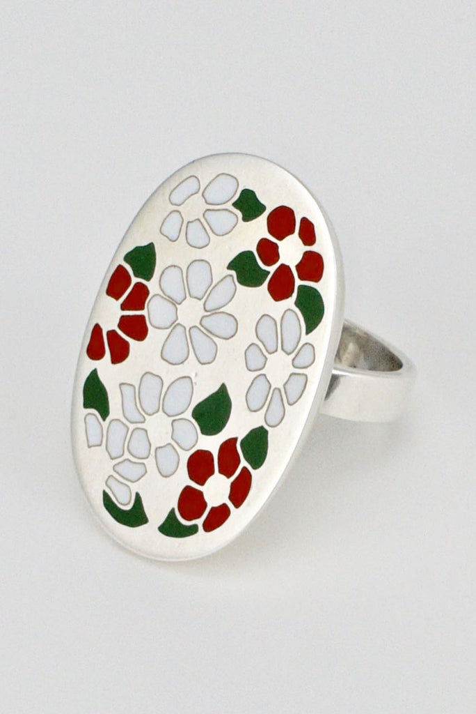 Vintage Georg Jensen Sterling Silver Floral Enamel Ring - Astrid Fog - Design 165