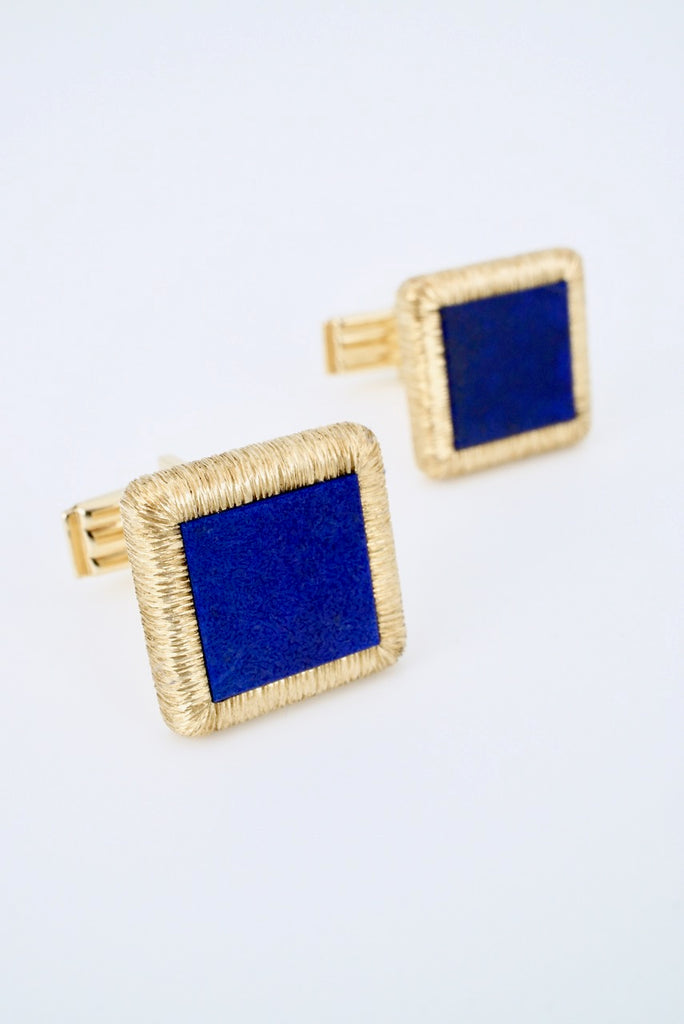 Vintage 14k Yellow Gold Lapis Lazuli Square Cufflinks 1960s