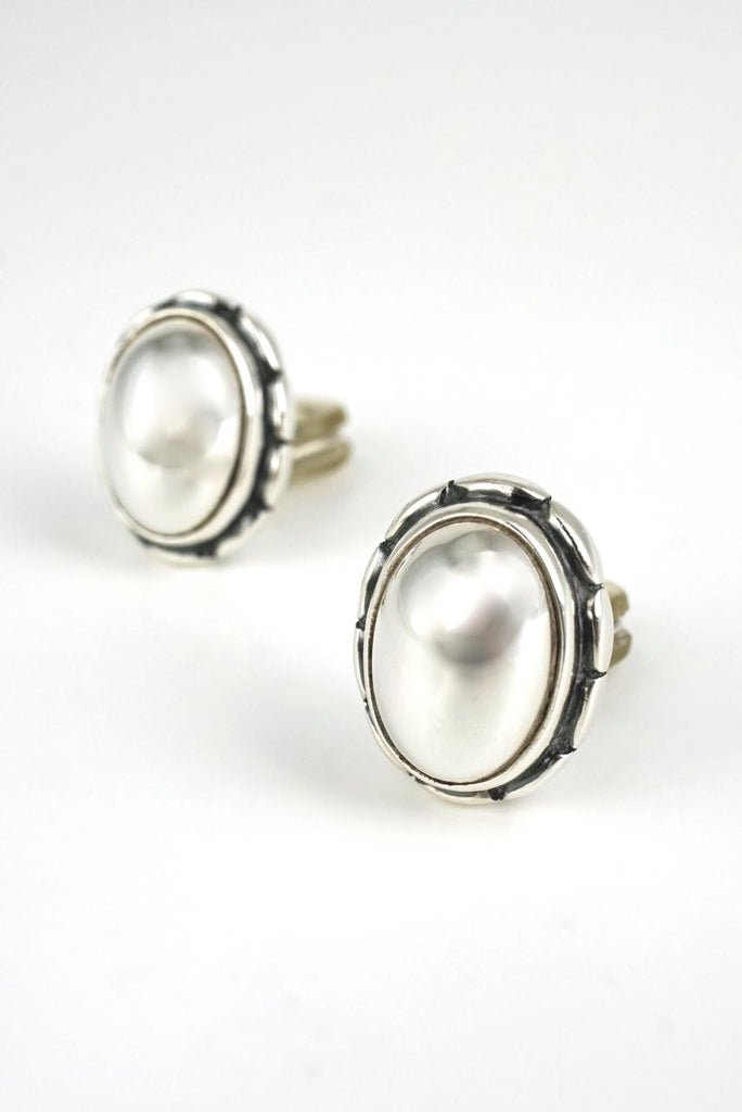 Vintage Georg Jensen Silver Stone Oval Clip Earrings Heritage Series 2001