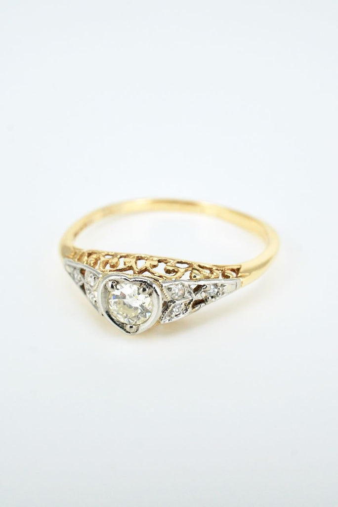 Antique Art Deco 18k Yellow Gold Platinum Diamond Heart Ring 1930s