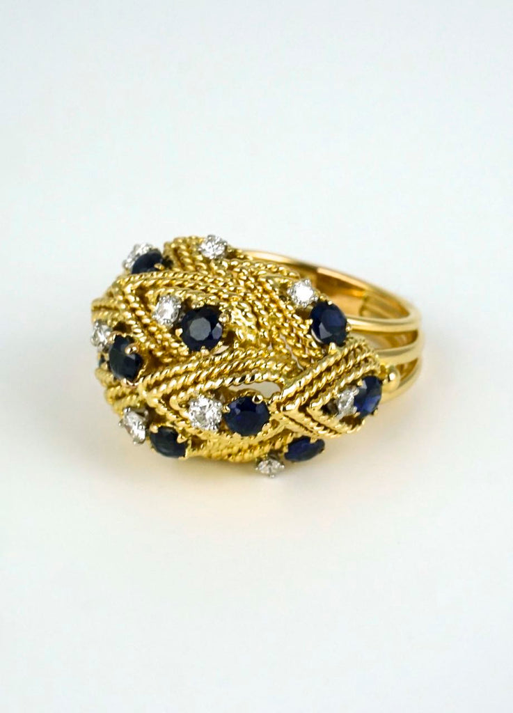 18k gold sapphire and diamond leaf dome ring 1960s