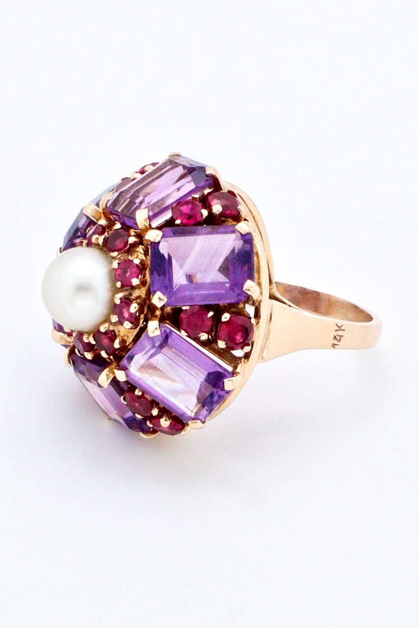 Vintage 14k Gold Pearl Amethyst and Ruby Ring