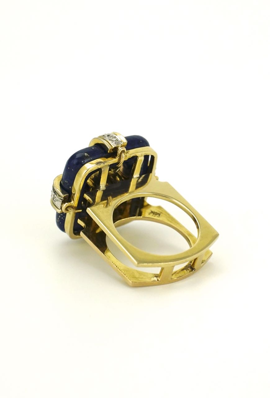 Vintage 14k Gold Modernist Square Lapis and Diamond Ring 1960s