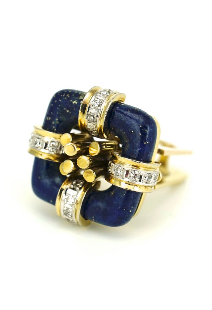 Vintage 14k Gold Modernist Square Lapis and Diamond Ring 1960s