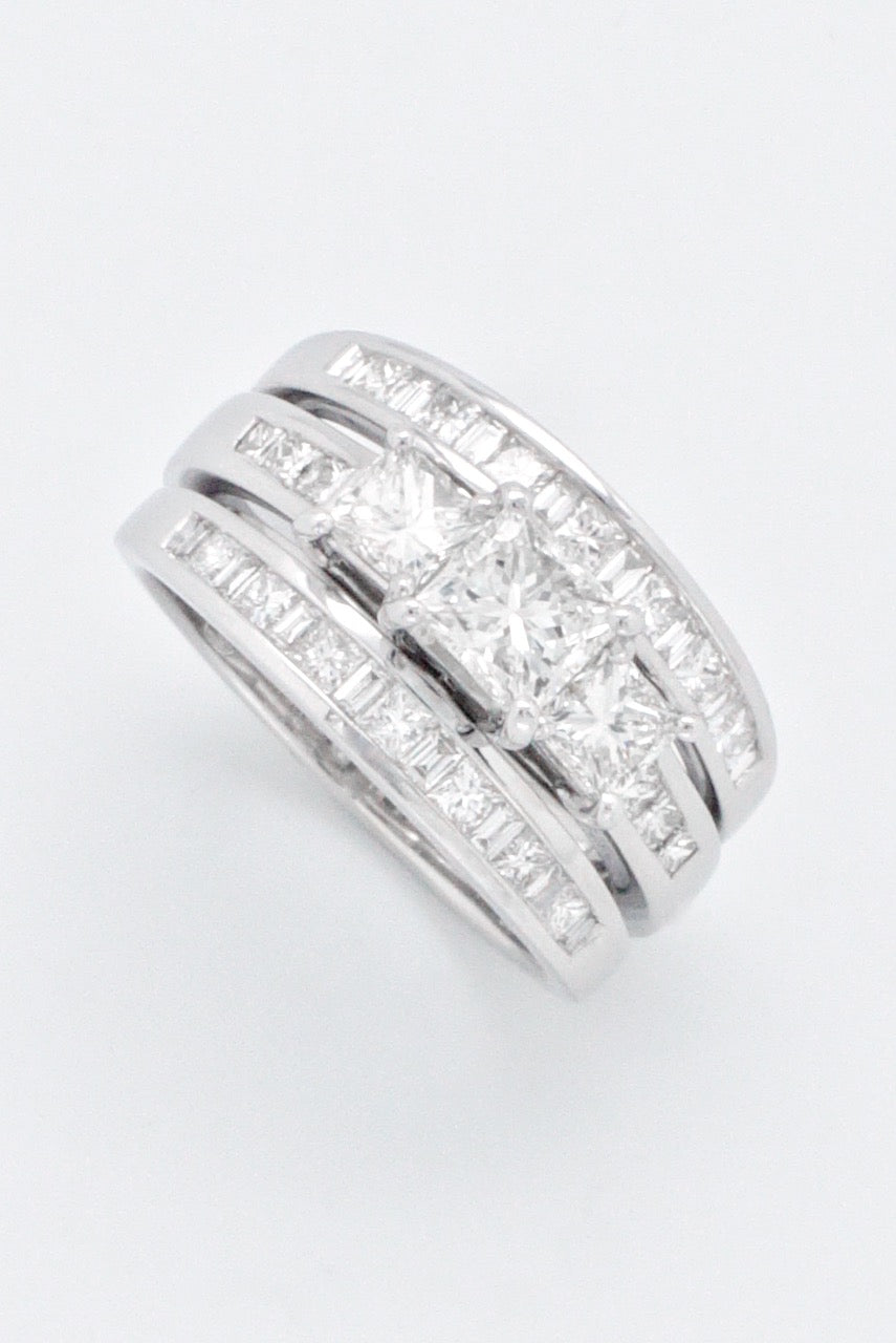 Vintage 18k White Gold Princess Cut Diamond Multi Band Ring