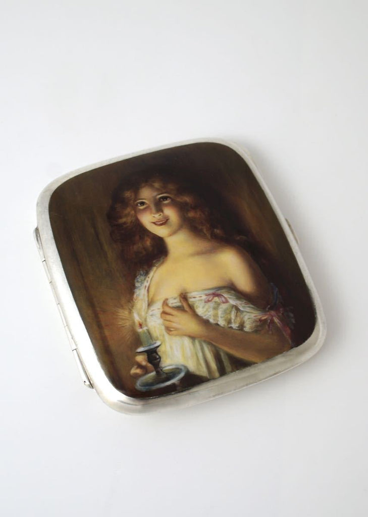 Antique Solid silver and enamel erotic cigarette case 1920s