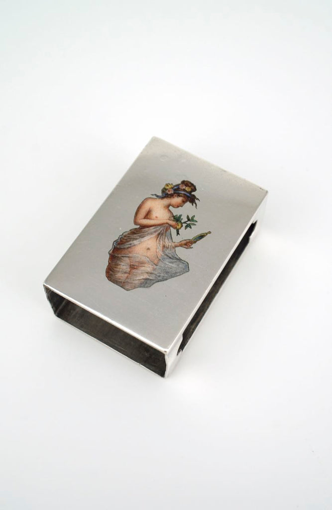 Antique solid silver and enamel erotic match box cover