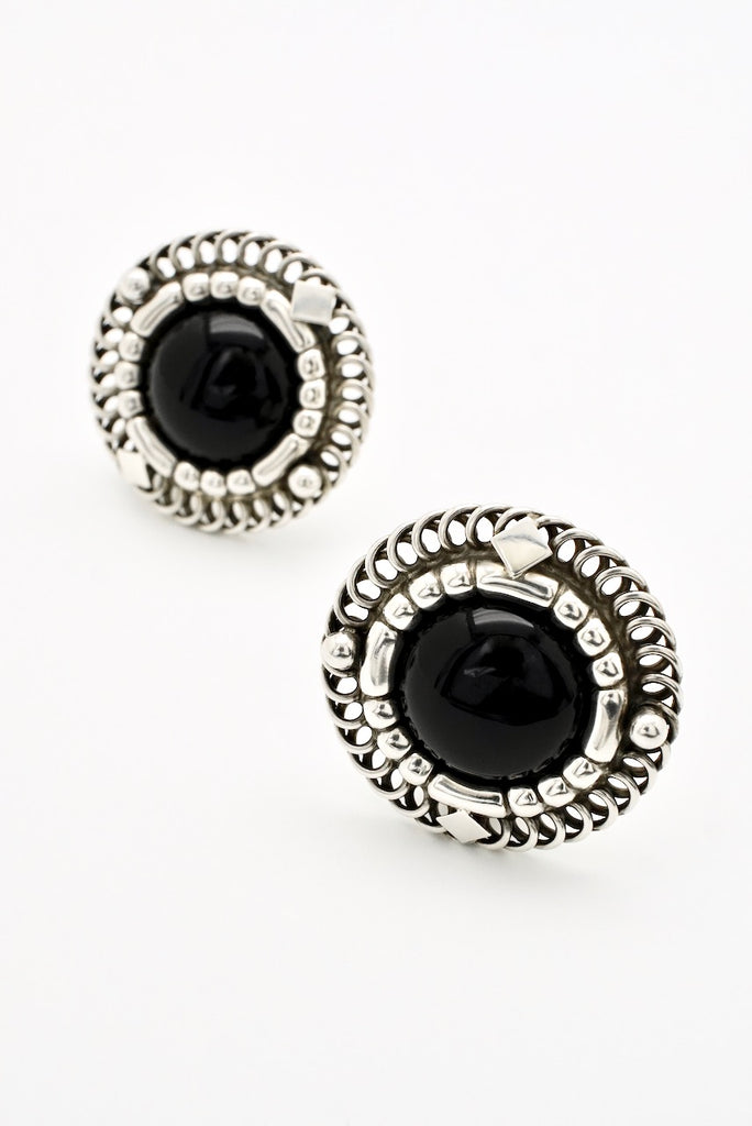 Vintage Georg Jensen Sterling Silver and Black Onyx Clip Earrings - design 85