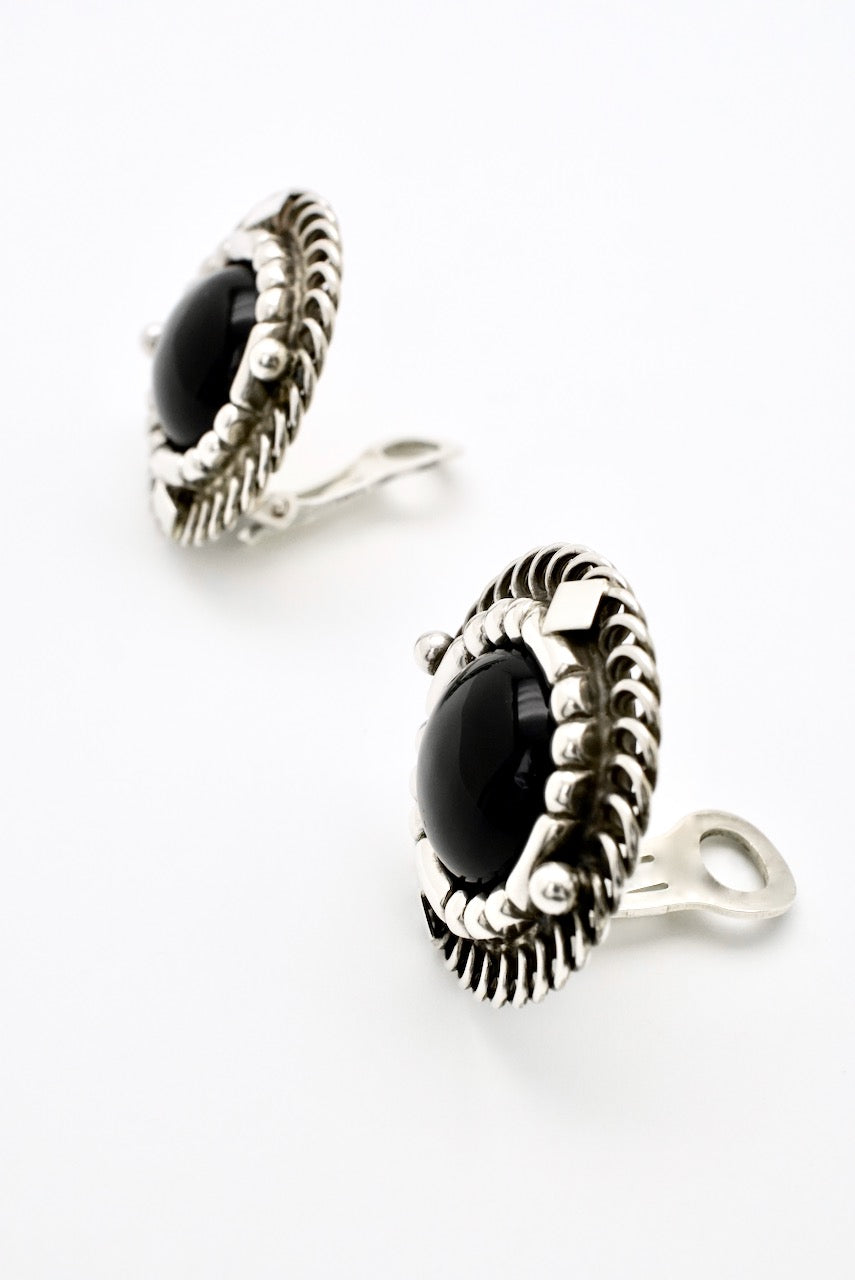 Vintage Georg Jensen Sterling Silver and Black Onyx Clip Earrings - design 85