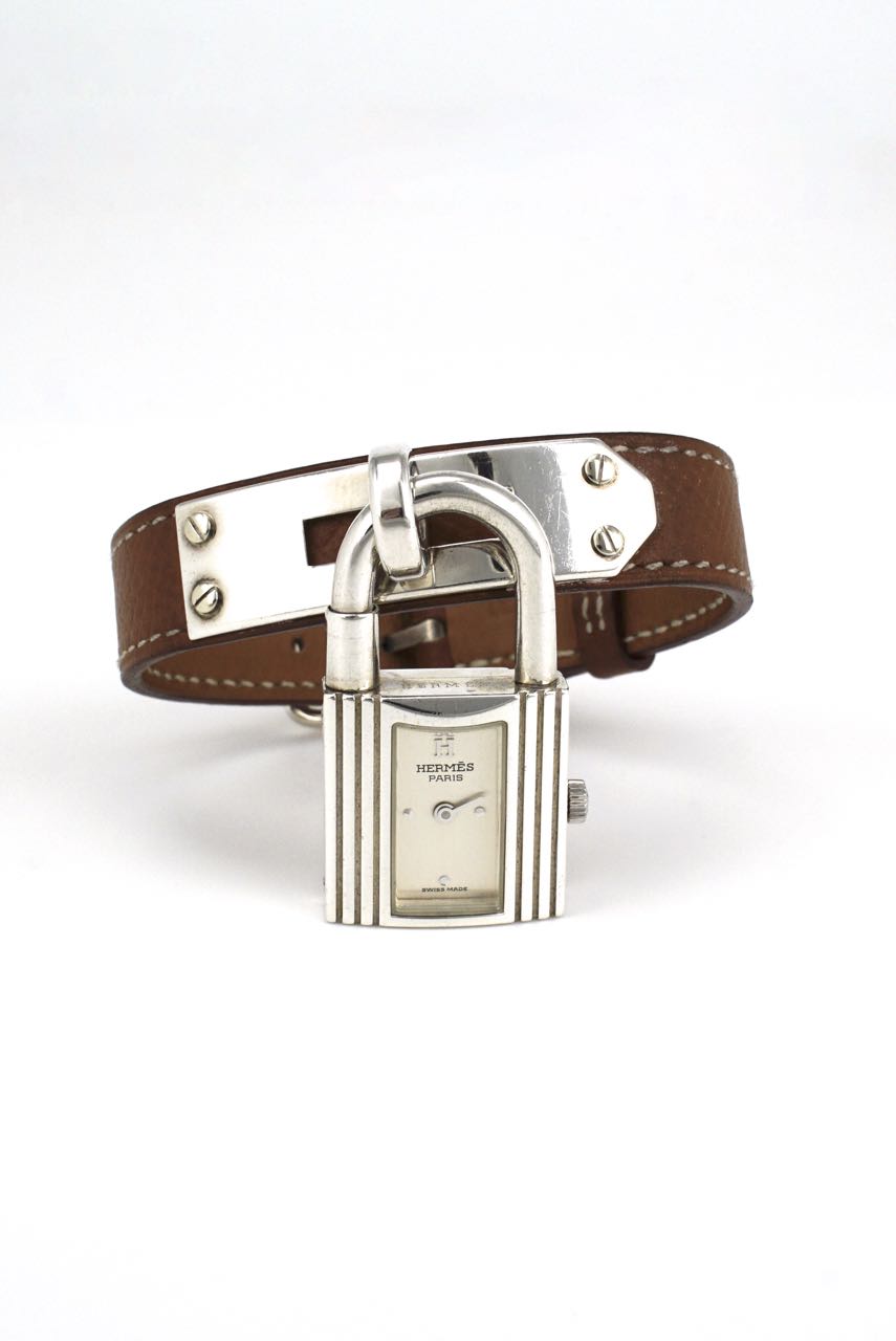 Vintage Hermes sterling silver and leather Kelly watch