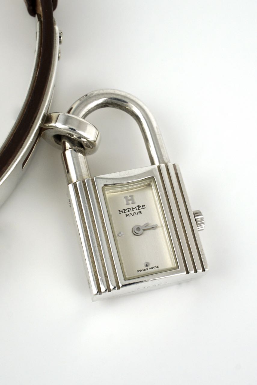 Vintage Hermes sterling silver and leather Kelly watch