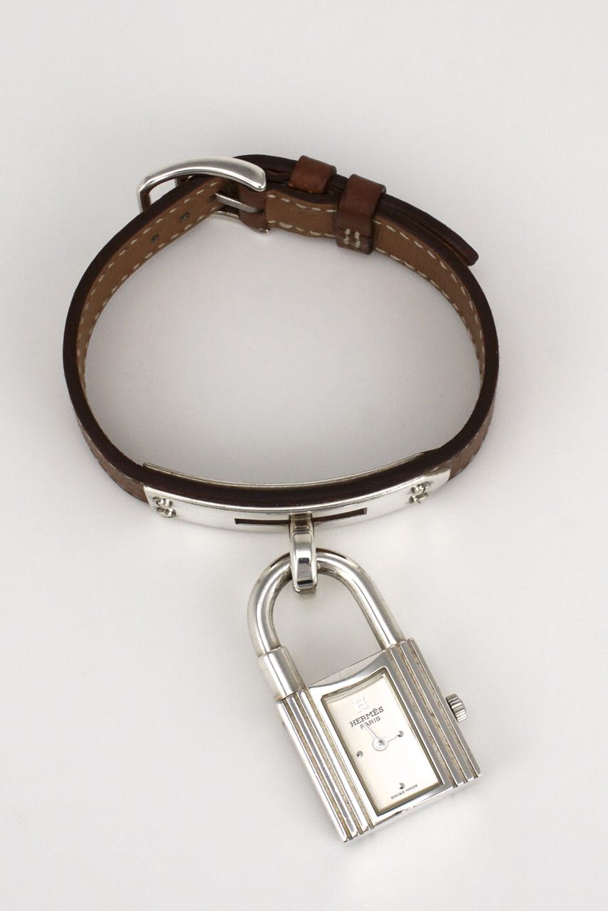 Vintage Hermes sterling silver and leather Kelly watch