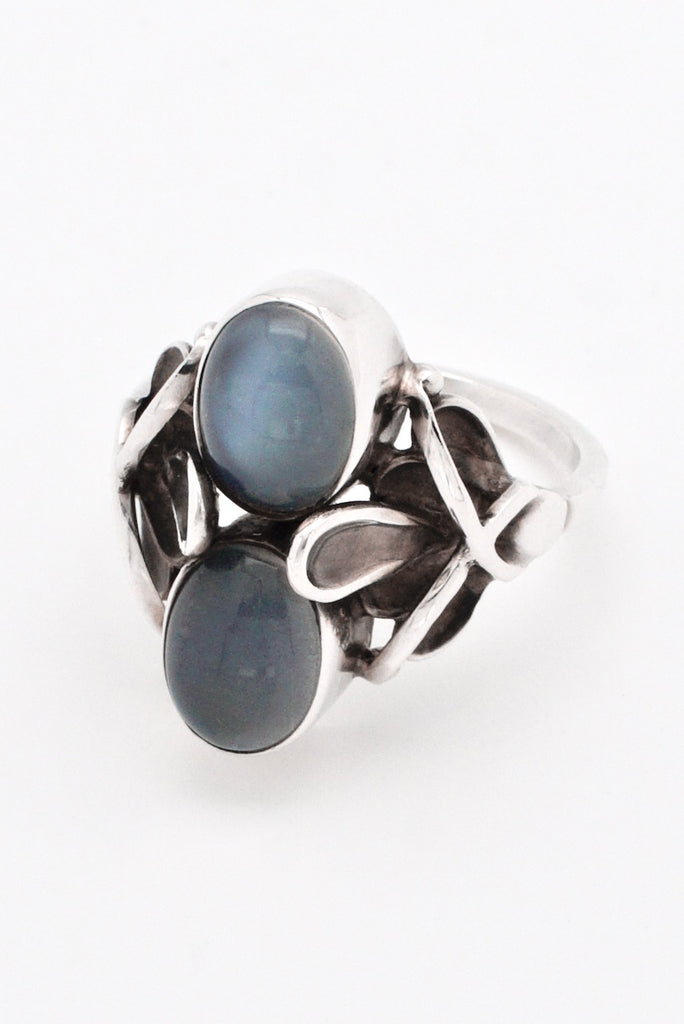 Vintage Georg Jensen Sterling Silver Double Moonstone and Leaf Ring - design 48 Henry Pilstrup