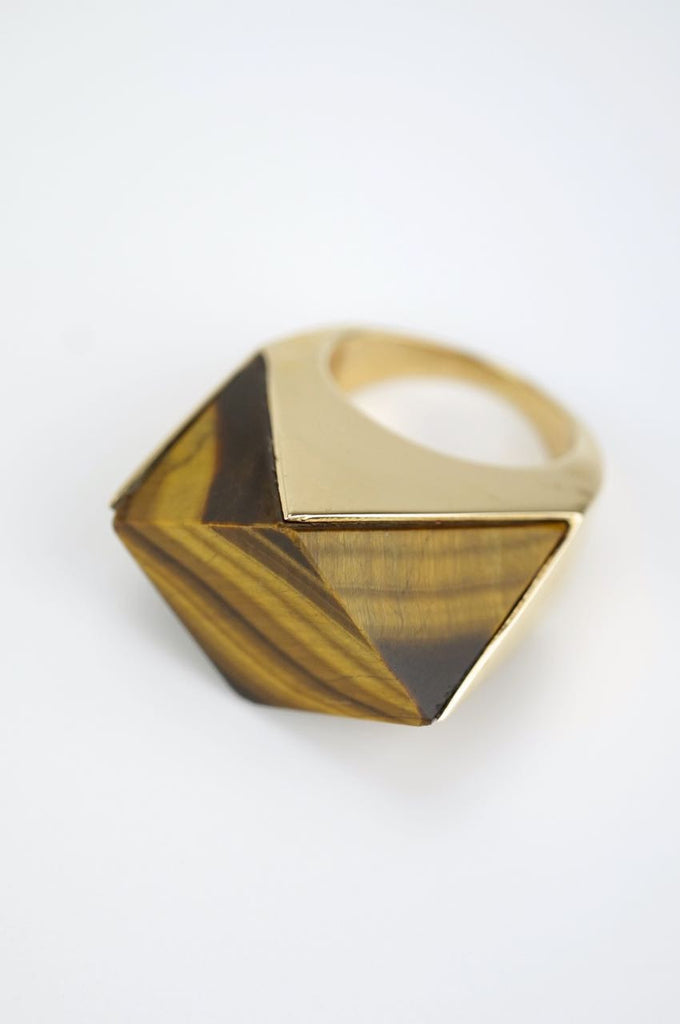 14k gold tigers eye modernist cocktail ring 1970s