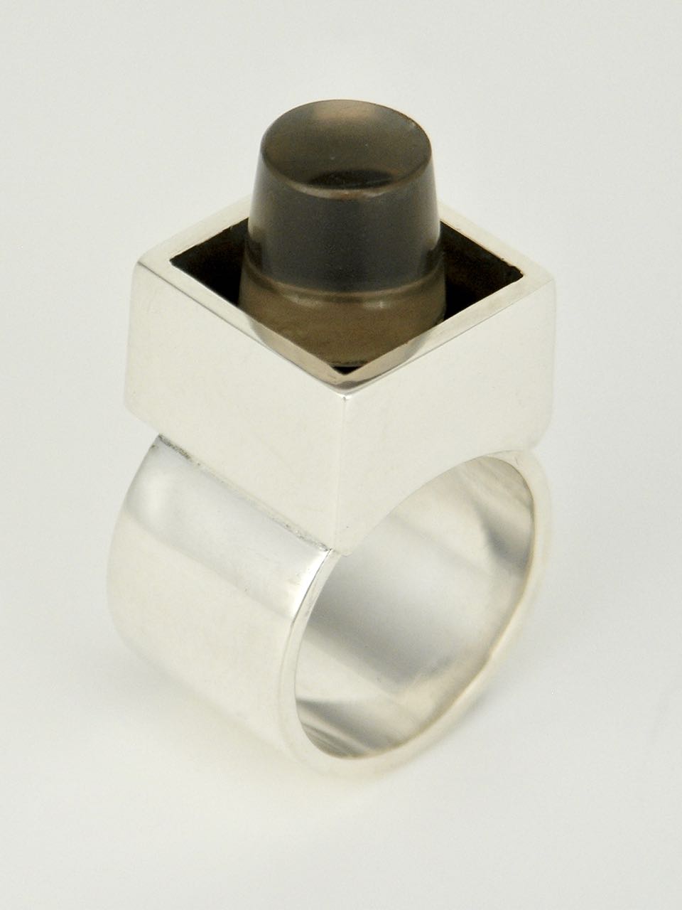 Vintage Hans Hansen Silver and Smoky Quartz Box Ring Denmark 1970s