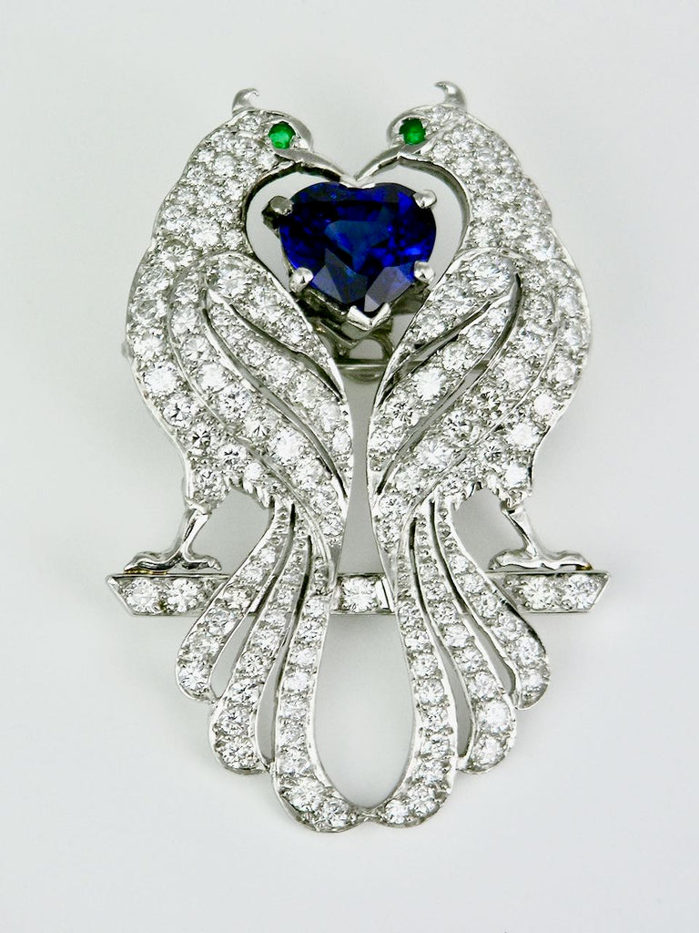 Vintage Asprey Platinum Diamond Sapphire Emerald Peacock Brooch Pin