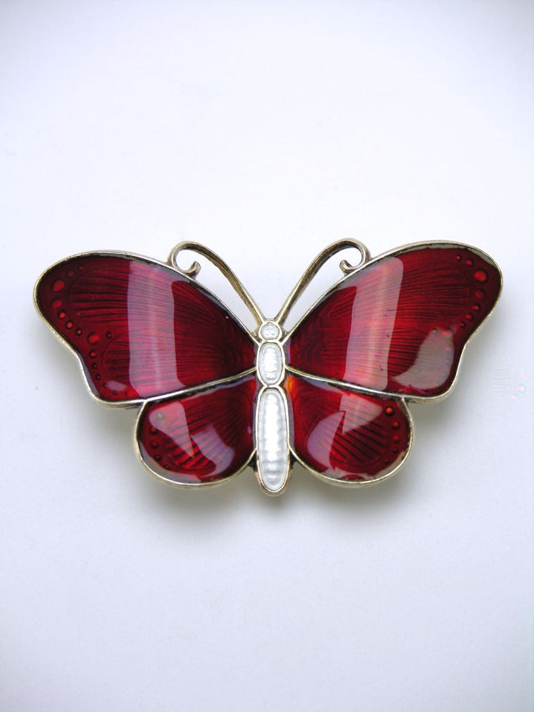 Norwegian silver and red enamel butterfly brooch