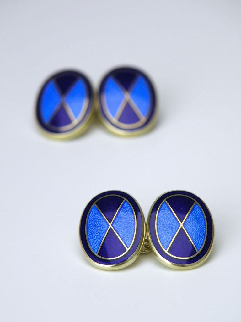 Oval silver bright blue and navy enamel cufflinks