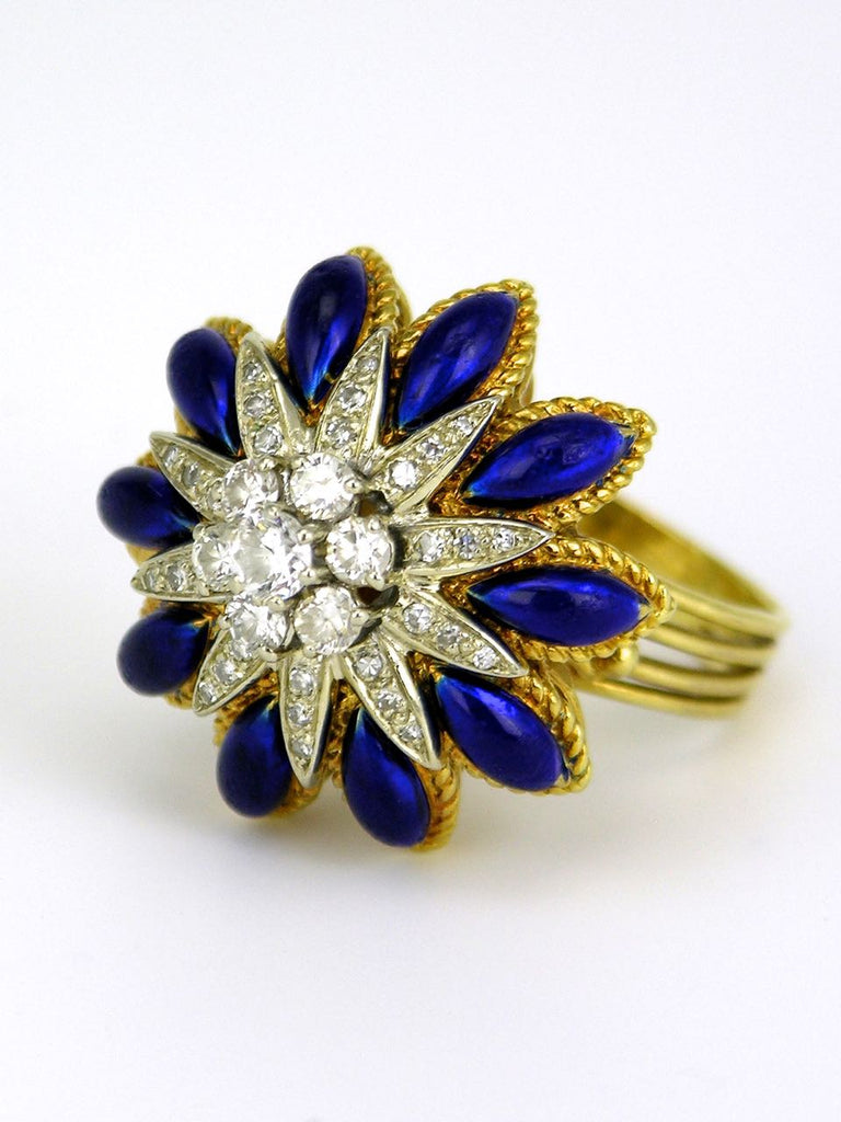 Vintage Italian 18k Yellow Gold Diamond Blue Enamel Flower Starburst Ring 1960s - Corletto